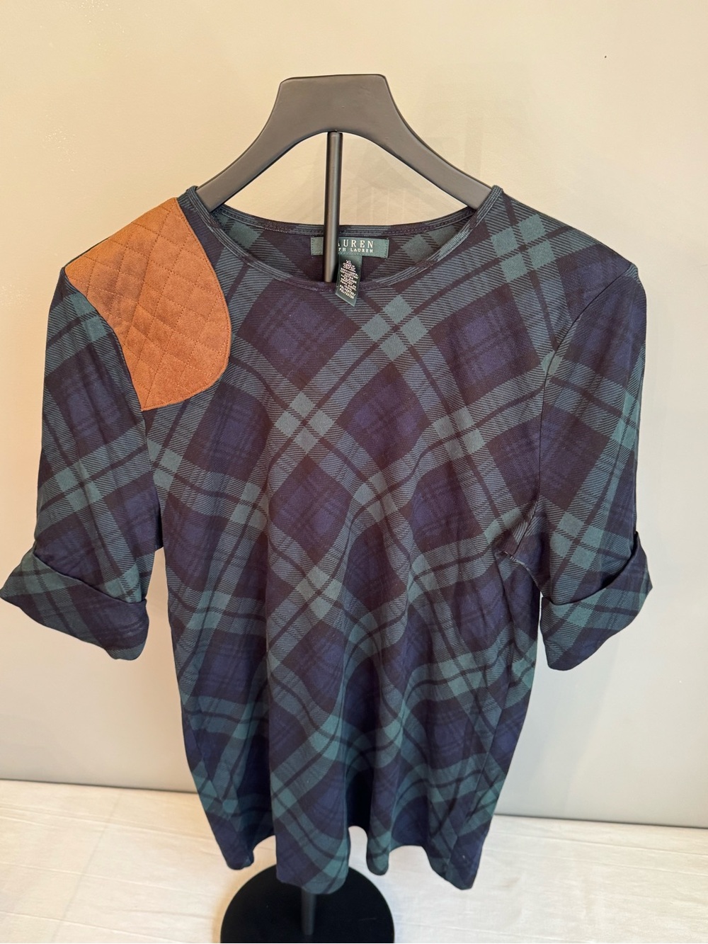Lauren Ralph Lauren Green & Navy Plaid Elbow-Patch Top Sz XL